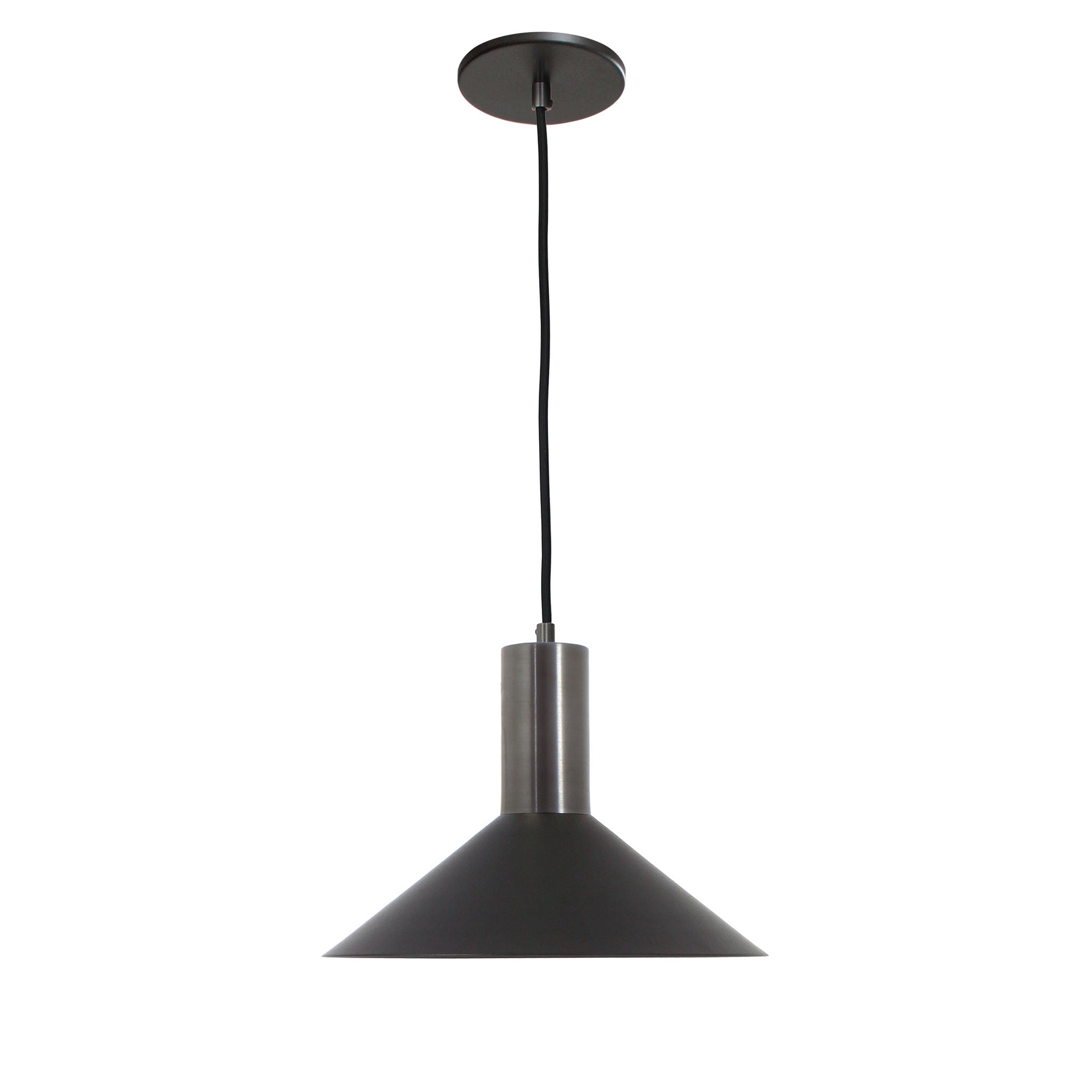 June Cord Pendant shown in Matte Black with Graphite Patina and a Black cloth cord