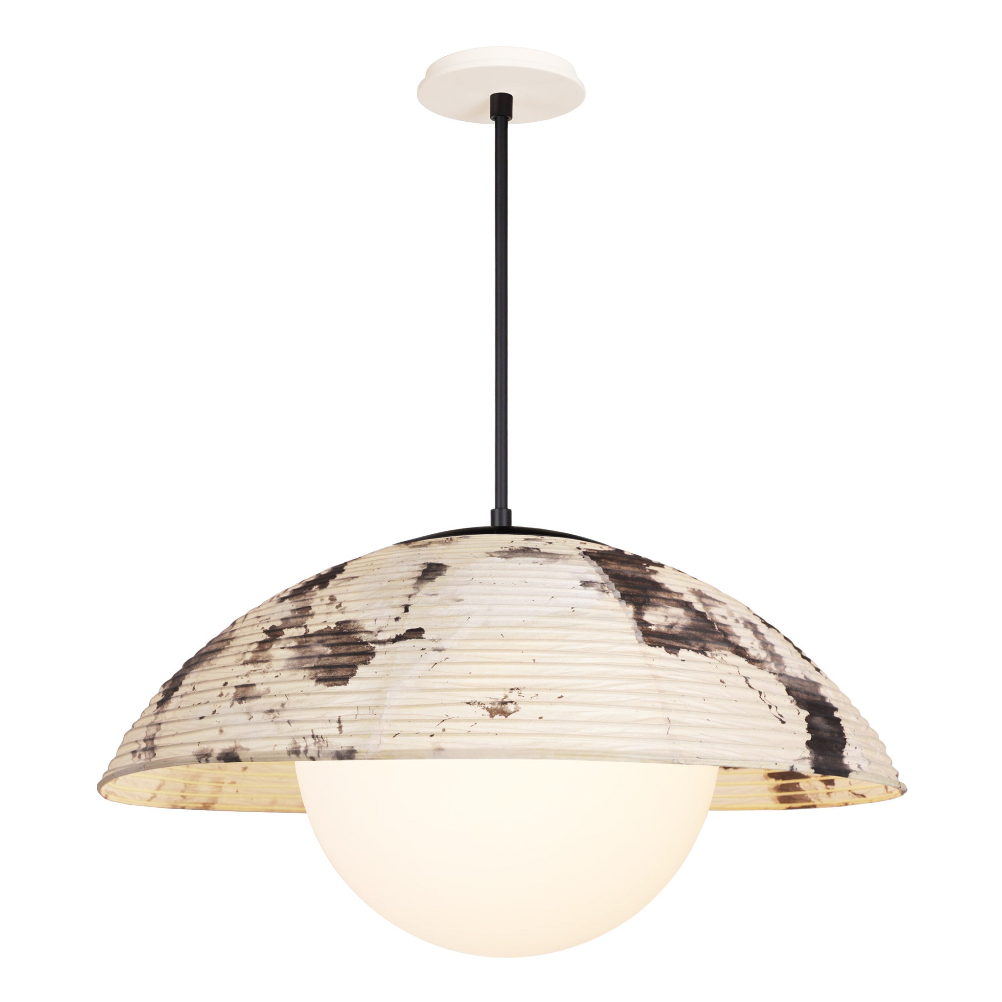 Maru Pendant with a Sumi Shade shown in Matte Black with a Bone Ceramic canopy