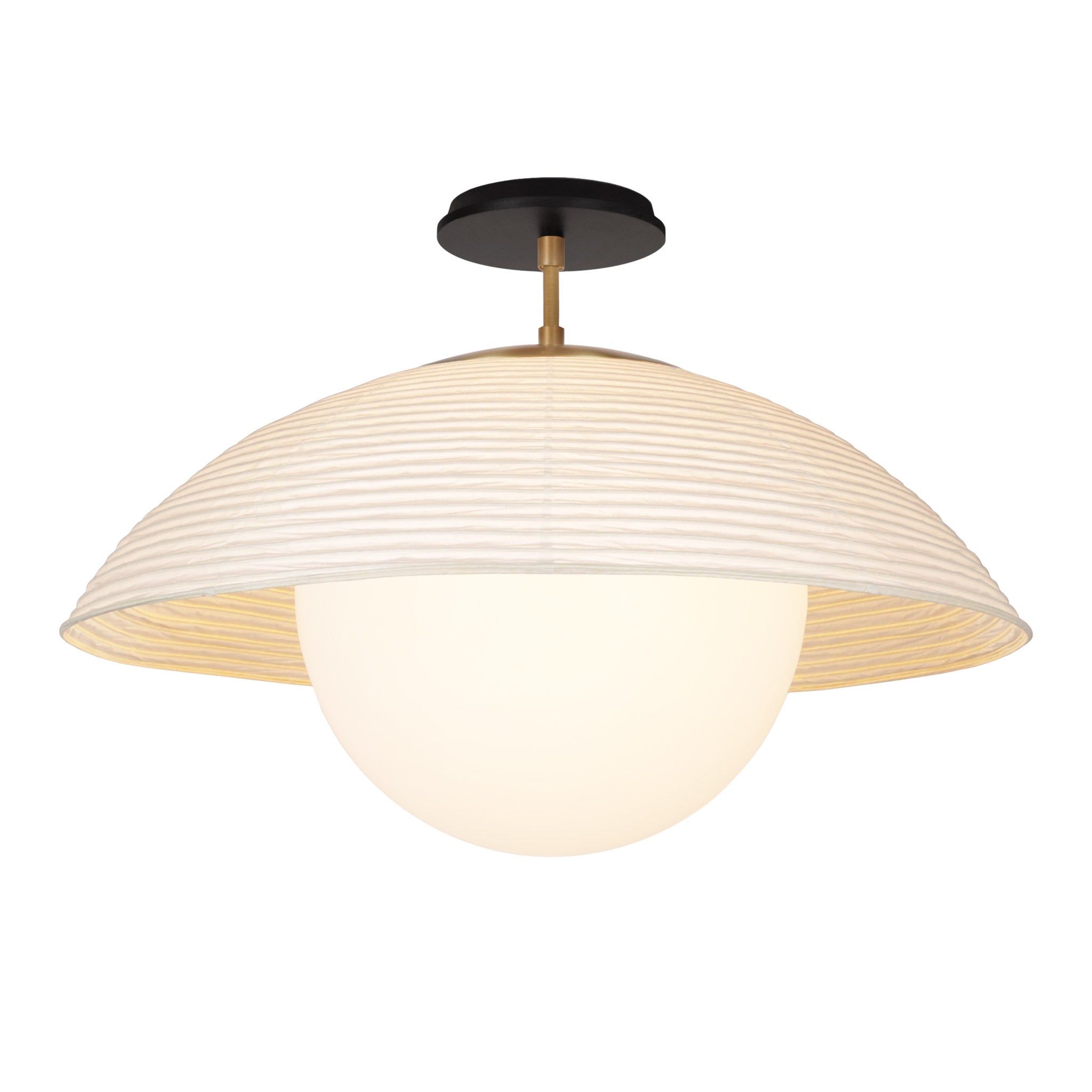 Maru Surface with a Natural shade shown in Heirloom Brass with a Black Stained Wood canopy