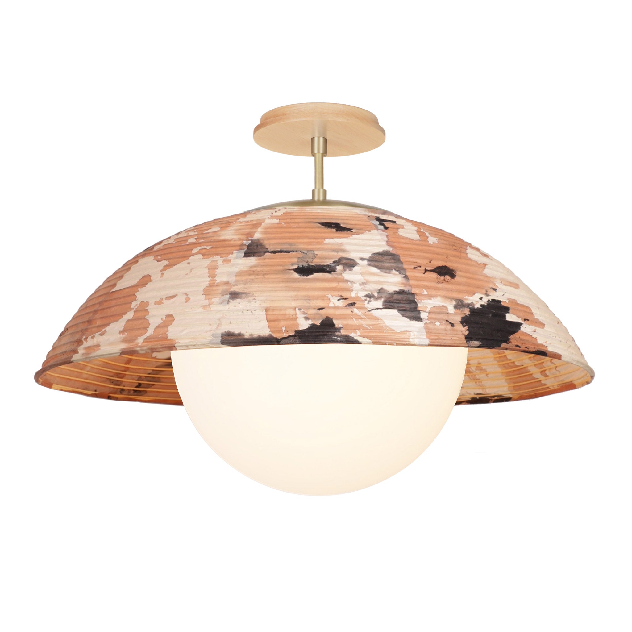 Maru Surface with a hand-painted chōchin washi shade shown in Kakishibu with Brass and a Maple Wood canopy
