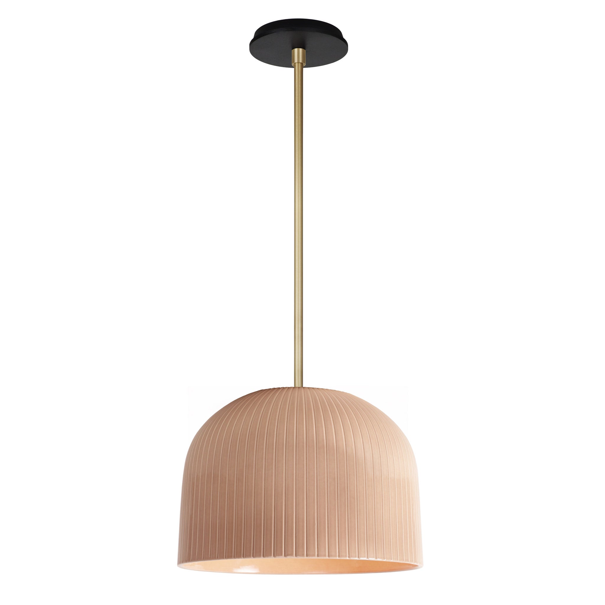Morgan Pendant shown in Gloss Dusty Rose Glaze and Brass with a Black Stained Wood Canopy