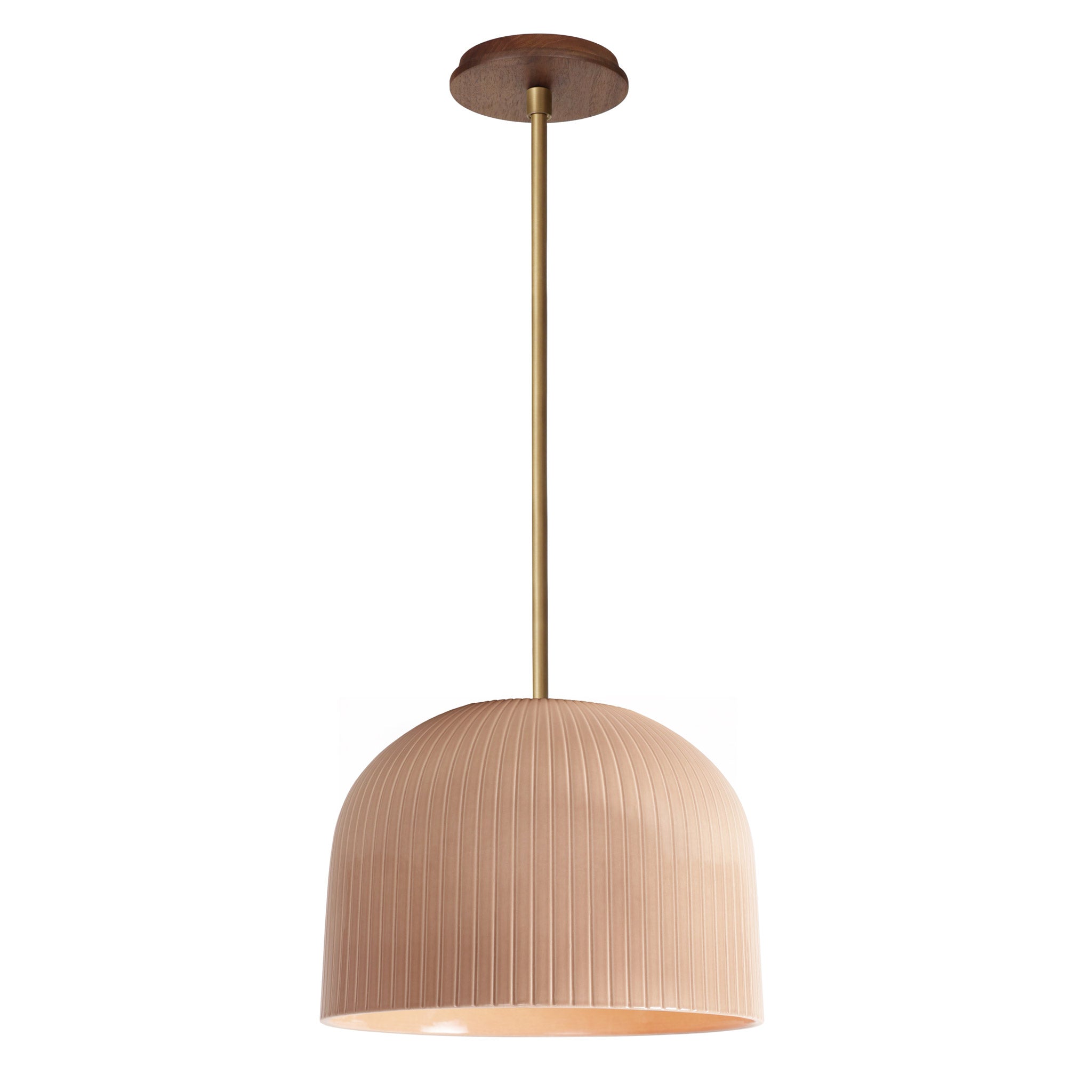 Morgan Pendant shown in Gloss Dusty Rose Glaze and Heirloom Brass with a Walnut Wood Canopy