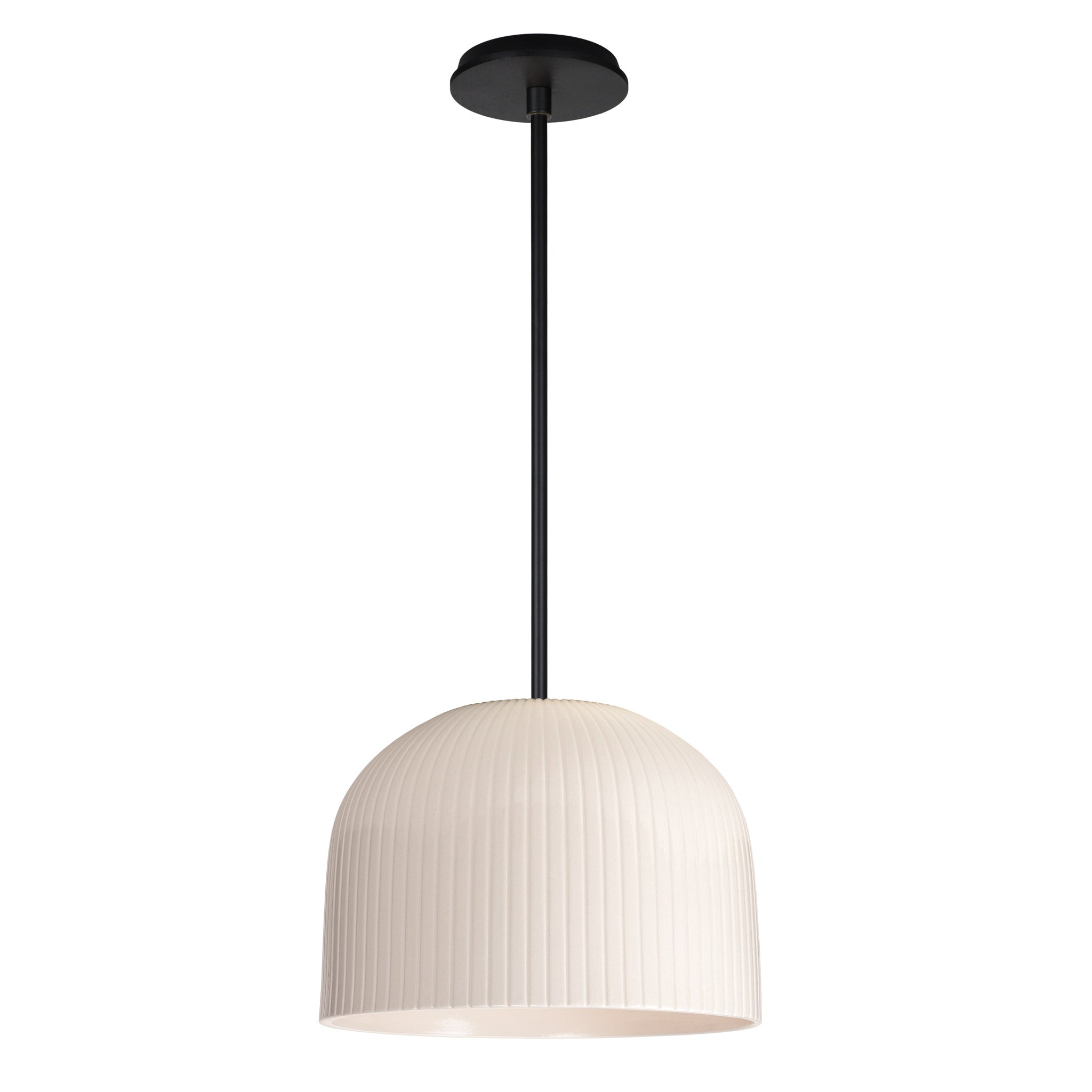 Morgan Pendant shown in Gloss White Glaze and Matte Black with a Black Stained Wood Canopy