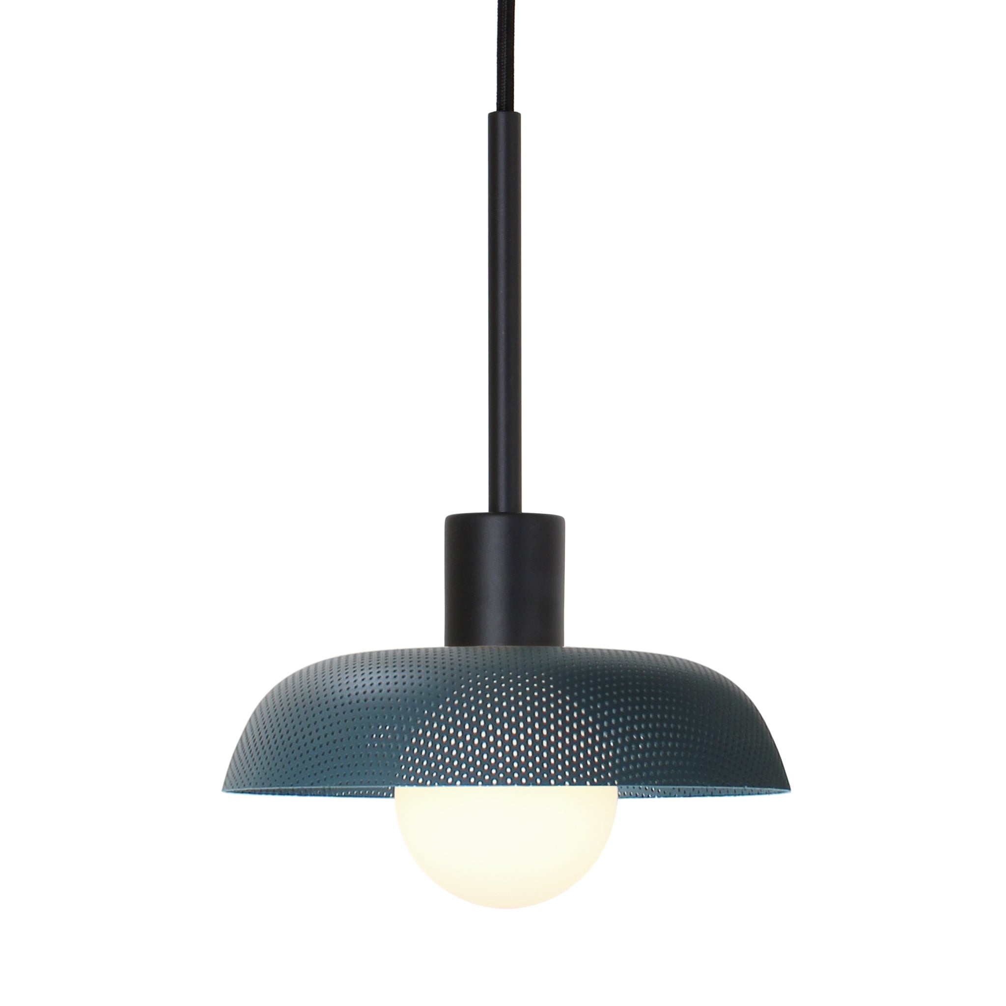 Sally Cord Pendant shown with an Ocean Blue perforated shade with Matte Black fixture finish
