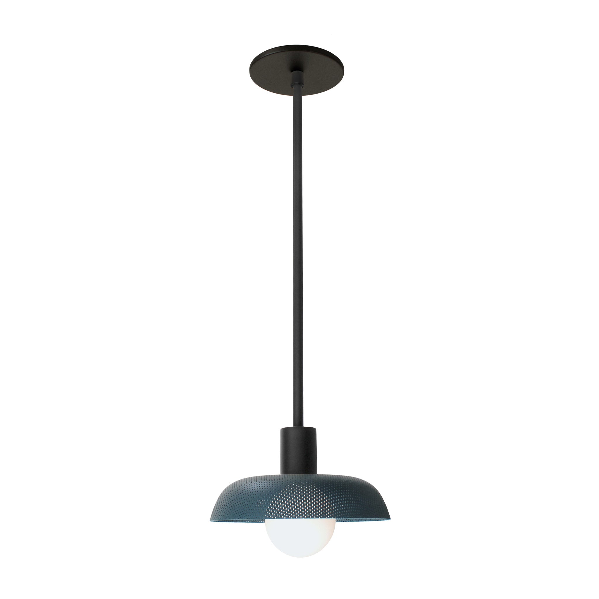 Sally Pendant shown with an Ocean Blue perforated shade and Matte Black fixture finish
