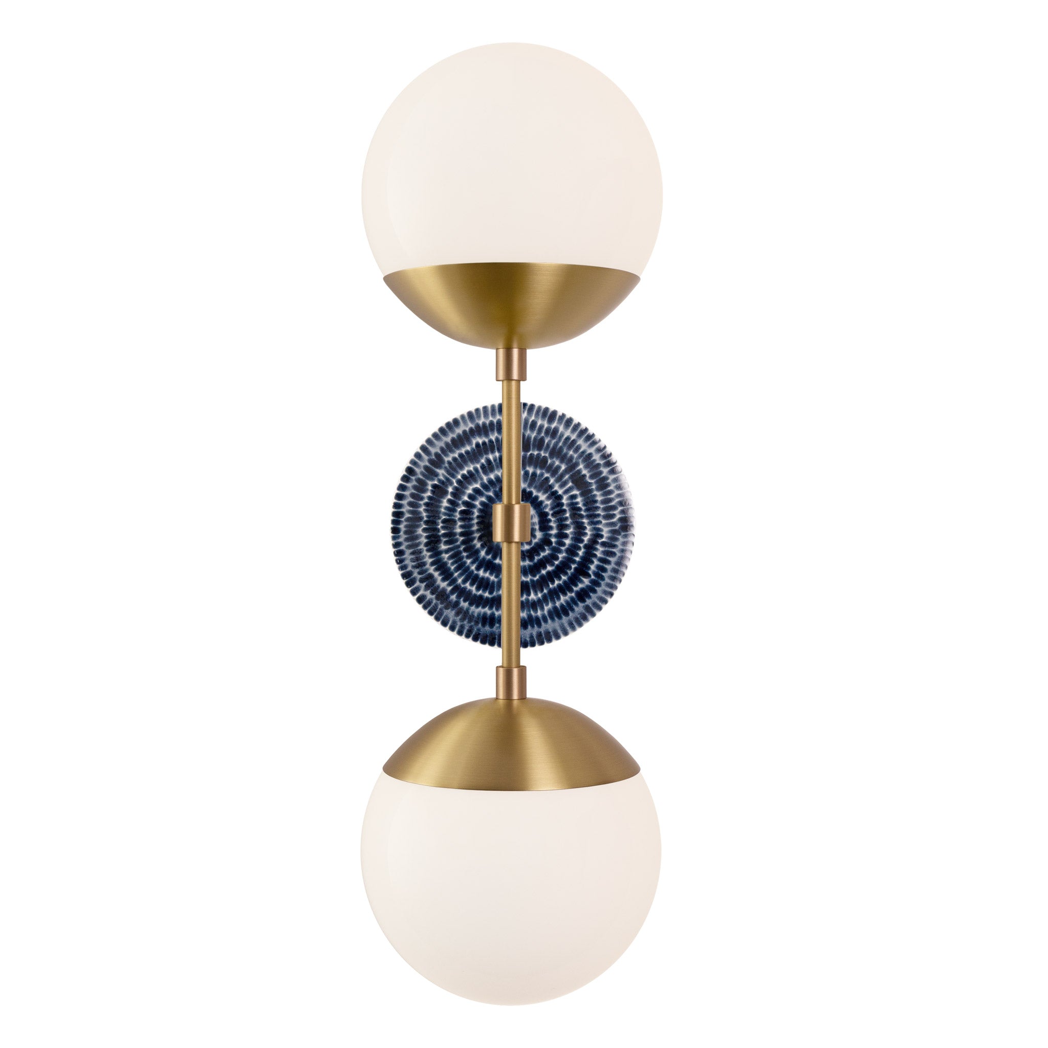 Theo shown in Heirloom Brass with an Indigo Blue Sunflower Ceramic Canopy
