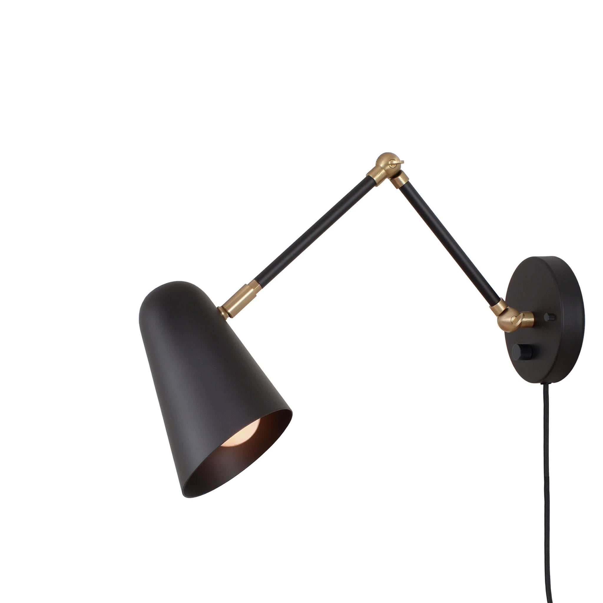Wildwood Double Articulated shown in Matte Black with Brass Accents, a Black Cord and Backplate Dimmer Switch