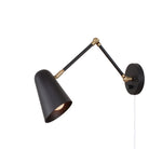 Wildwood Double Articulated shown in Matte Black with Brass Accents, a White Cord and Backplate Dimmer Switch