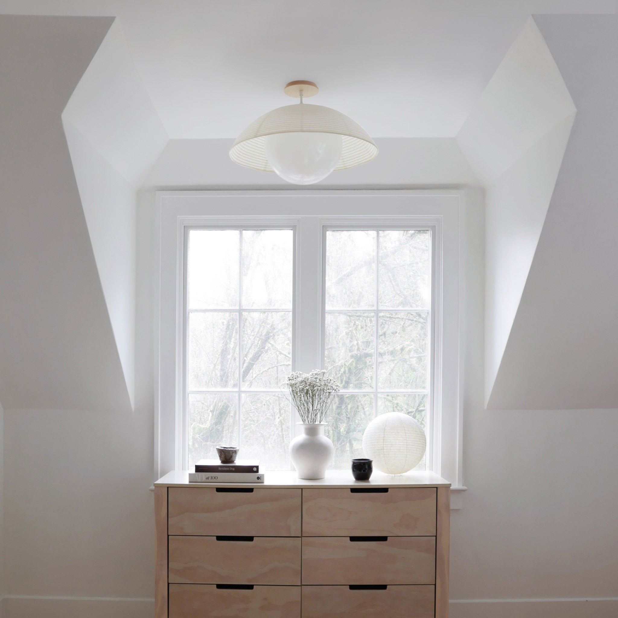 Maru Surface with a Natural shade shown in White with a Maple Wood canopy and Maru Lamp on dresser, Interiors by Jica Interiors