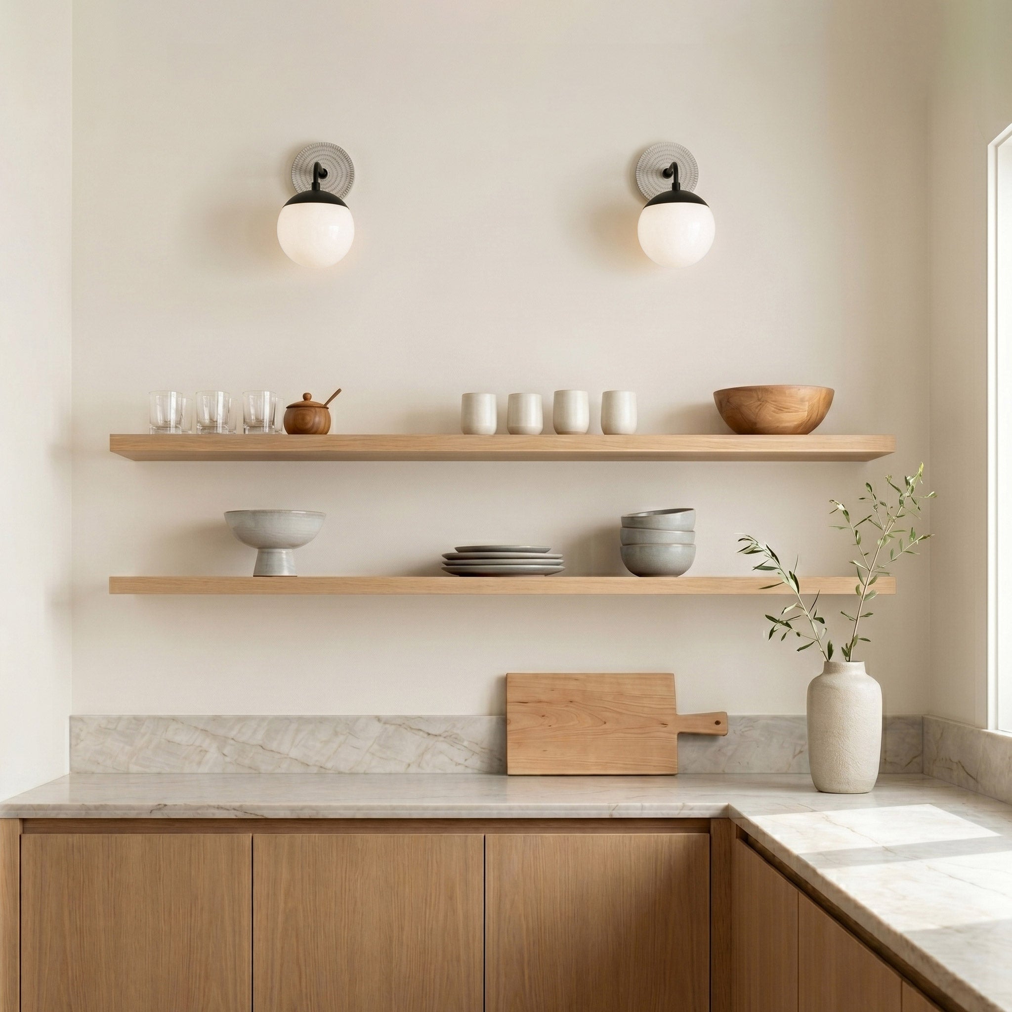 Alto Sconce 6” shown in Matte Black with a Brownstone White Sunflower Ceramic Canopy