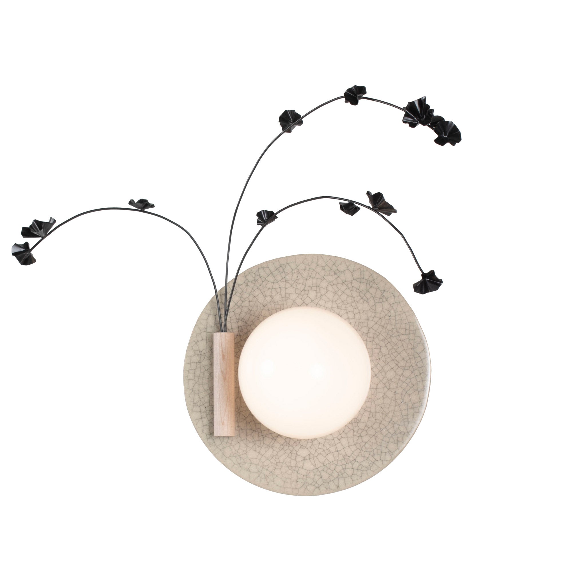 Ikebana Sconce shown in Gloss Crackle Glaze with Graphite Patina flower finish and Left mounted vase