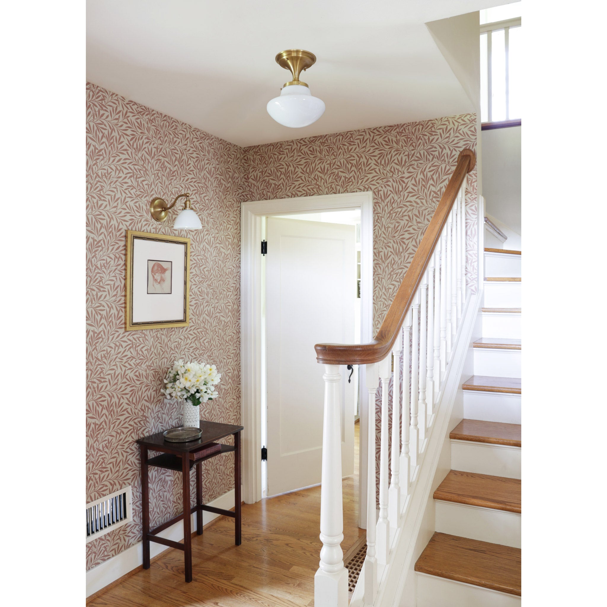 Grace Sconce and Sorbonne Tulip 10" surface mount shown in Heirloom Brass. Interior design by Sarah J. Meyer Design