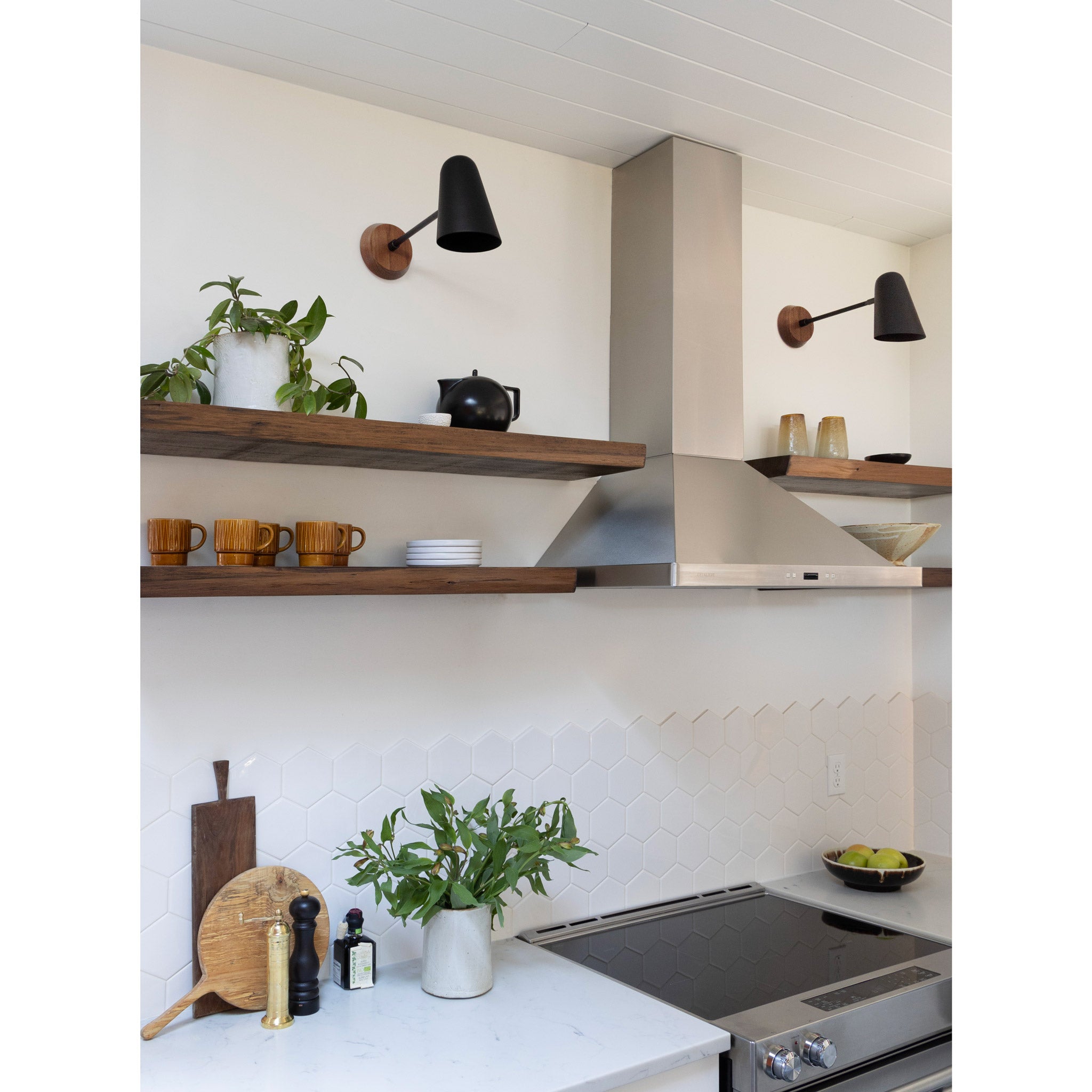 Wildwood shown in Matte Black with an 8" arm length and a Walnut Wood Canopy