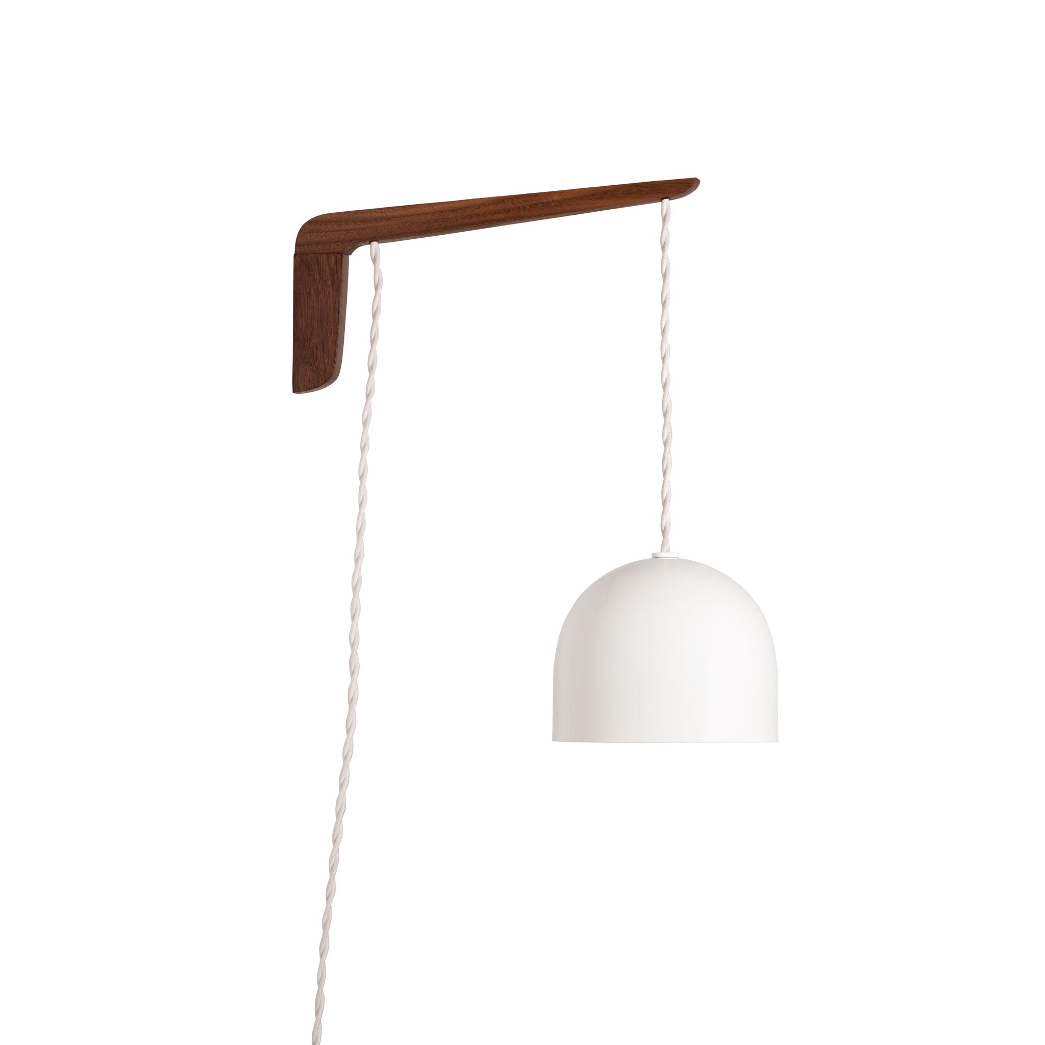 Swing Arm Amélie 6" shown in Walnut with White twisted cord and White metal finish