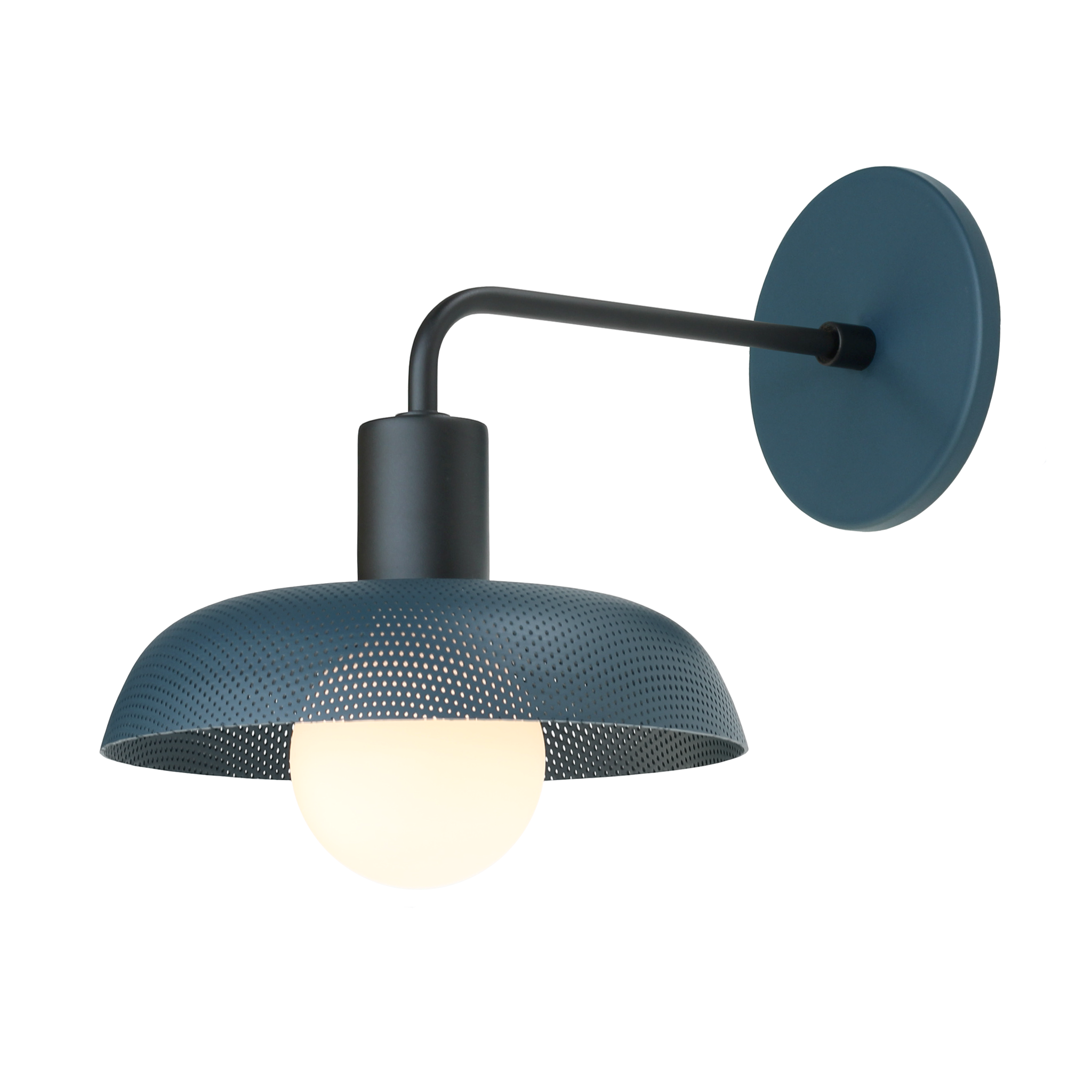Sally Sconce shown with a Perforated shade in Ocean Blue and Matte Black fixture finish