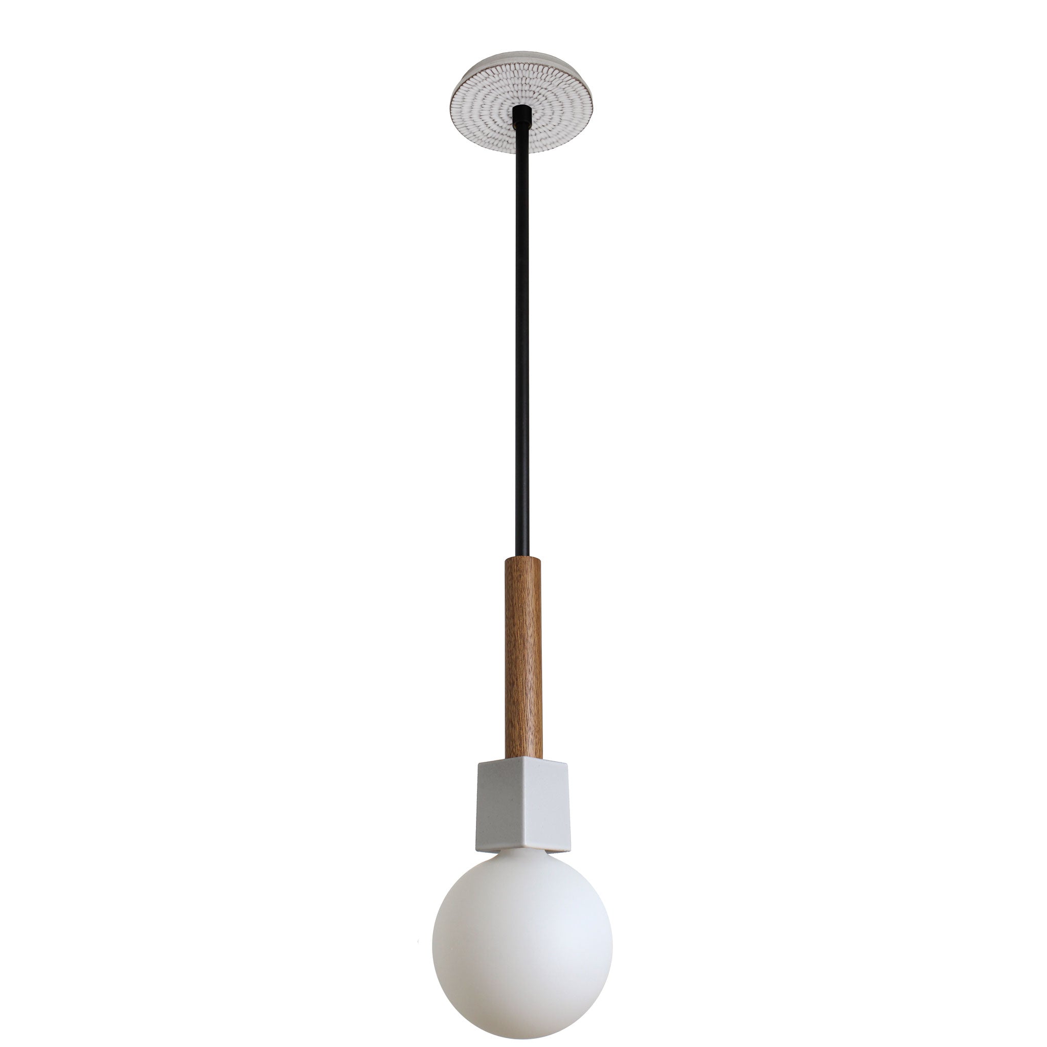 Seneca Pendant shown in Walnut with Sunflower pattern Brownstone White ceramic canopy