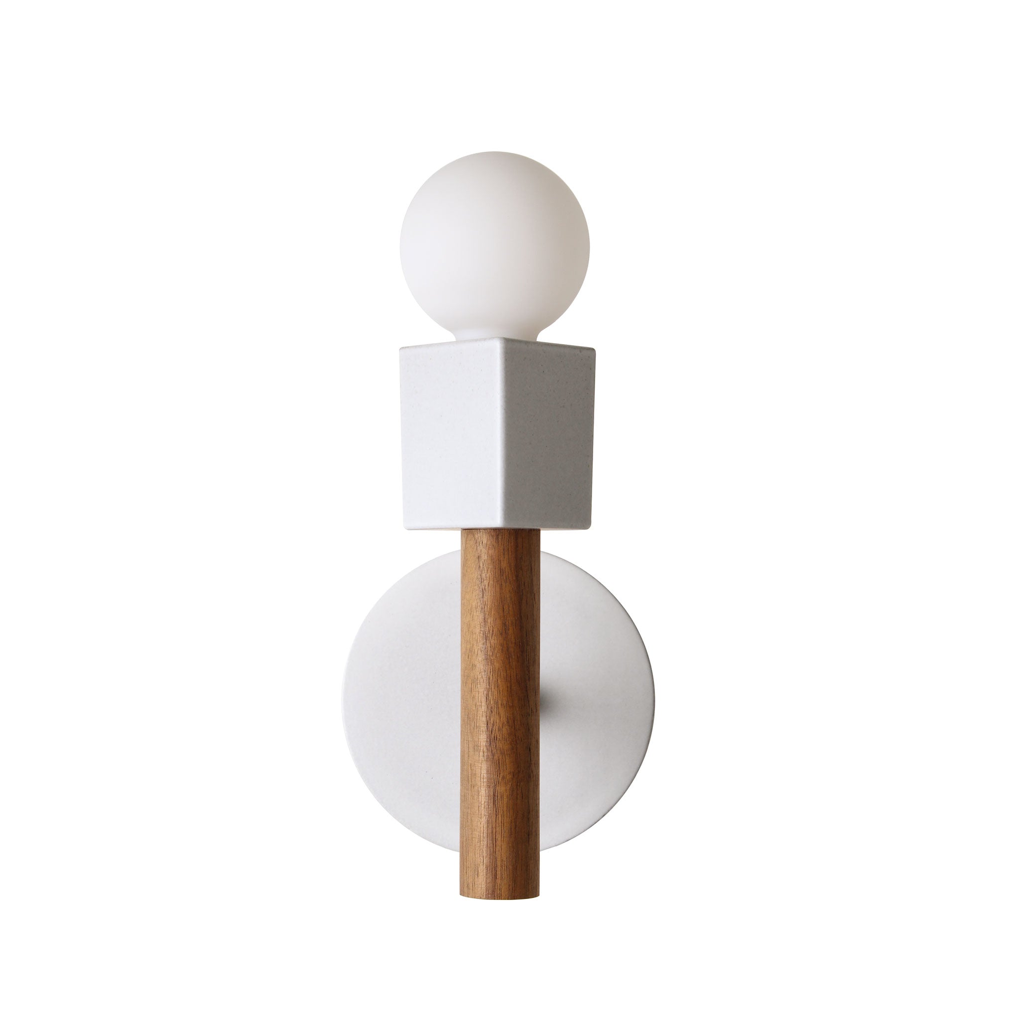 Seneca Sconce shown with a Swift pattern Brownstone White ceramic canopy and Walnut