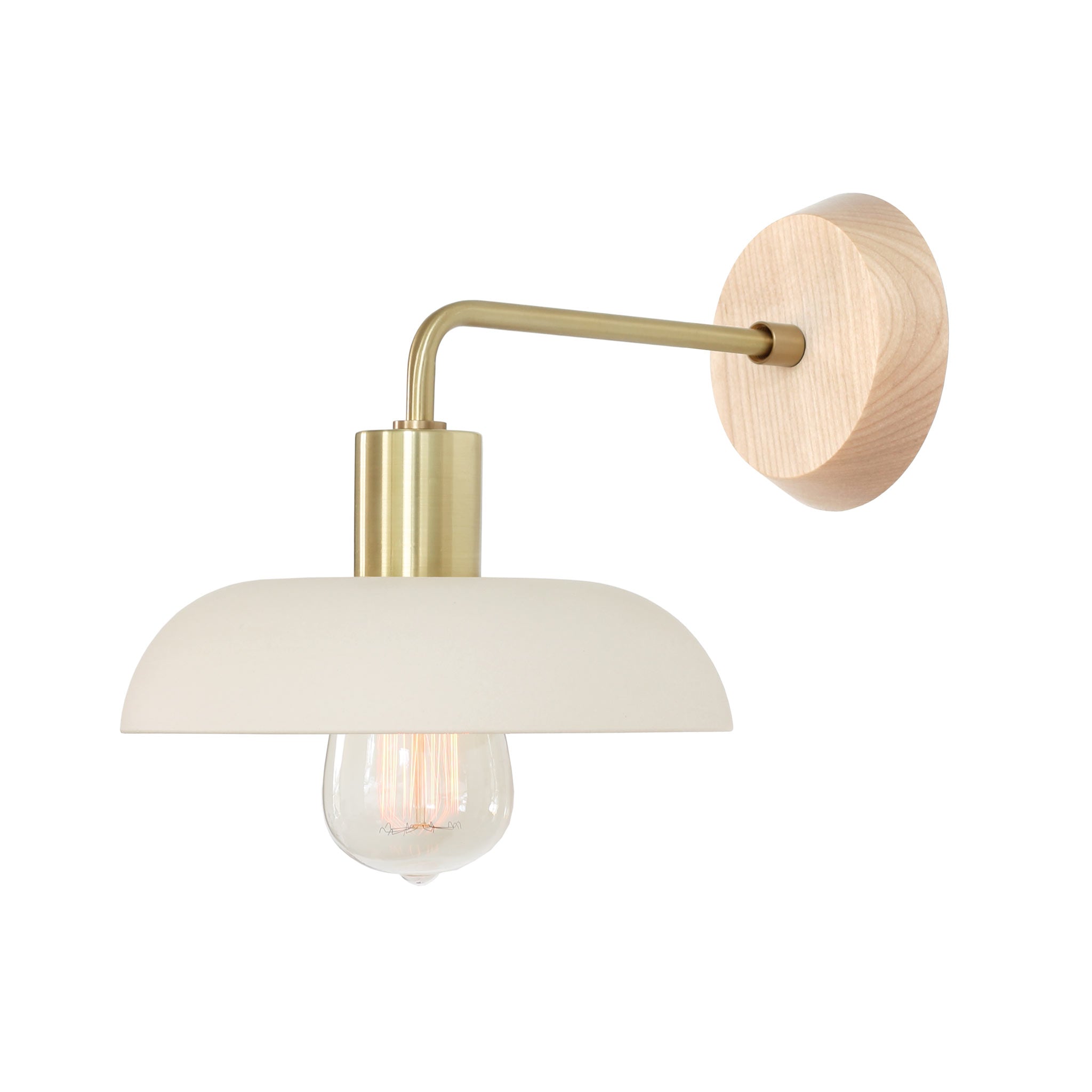 Terra Sconce with Wood Canopy shown in Bone Ceramic with Brass metal and Maple canopy