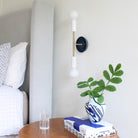 Venus Sconce shown in White with Brass with a Swift pattern  Ceramic canopy in Indigo Blue