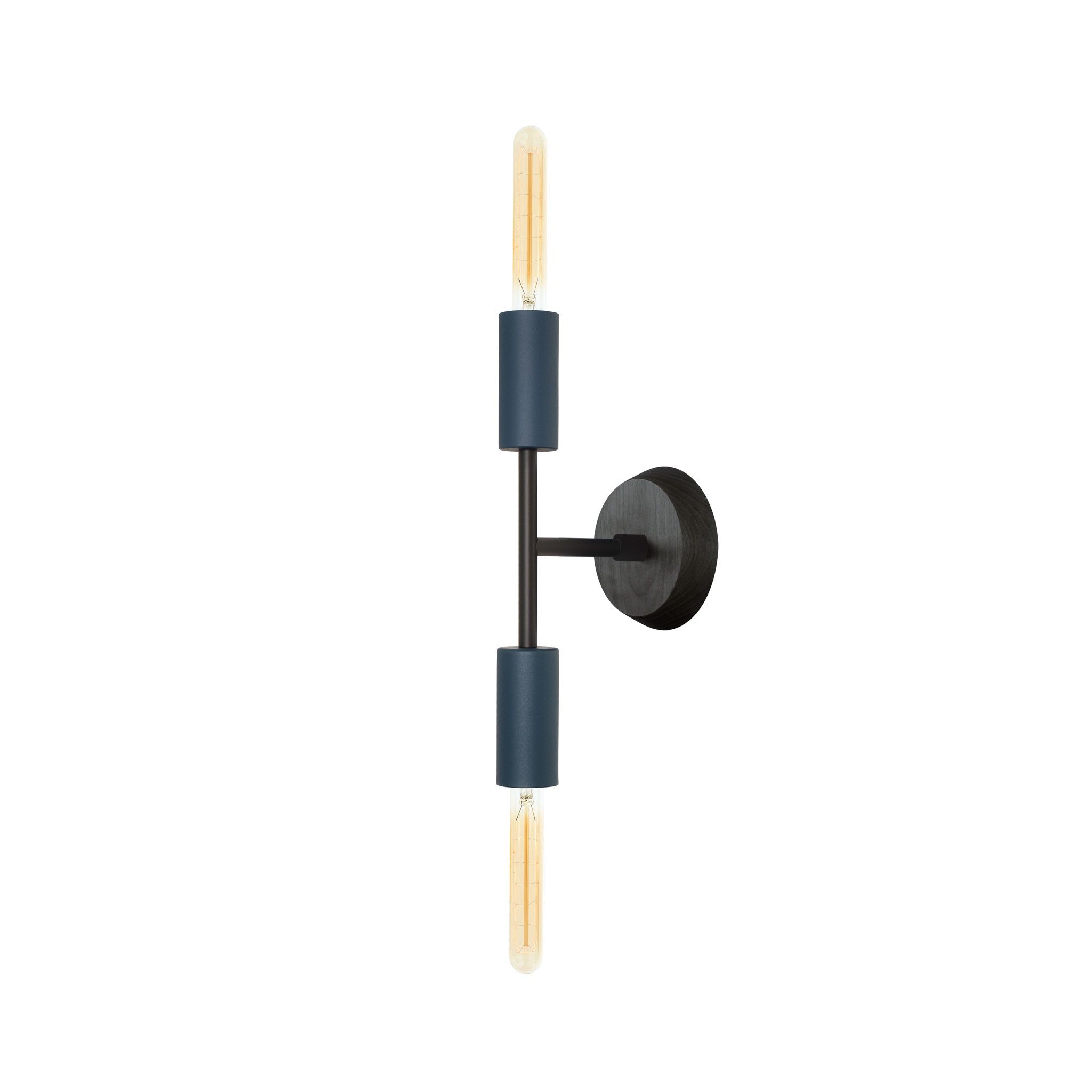 Venus Mini Sconce. Shown in Ocean Blue + Matte Black finish with Black Stained wood canopy addition. (T9 light bulbs shown, not included). Cedar and Moss