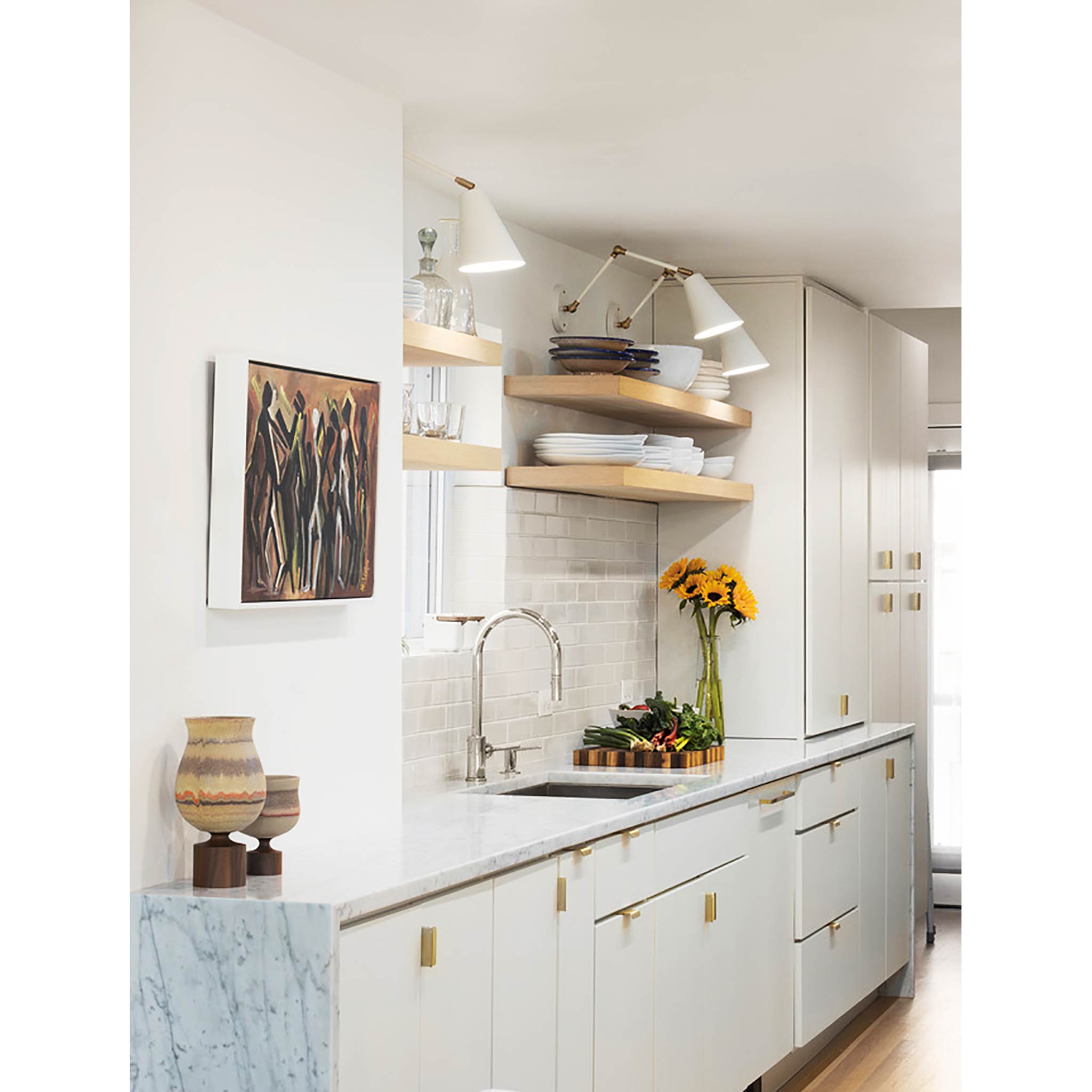 Tilt Cone Double Articulated shown in White with Brass Accents. Interior design by Zoe Feldman Design. Photo by Jenn Verrier