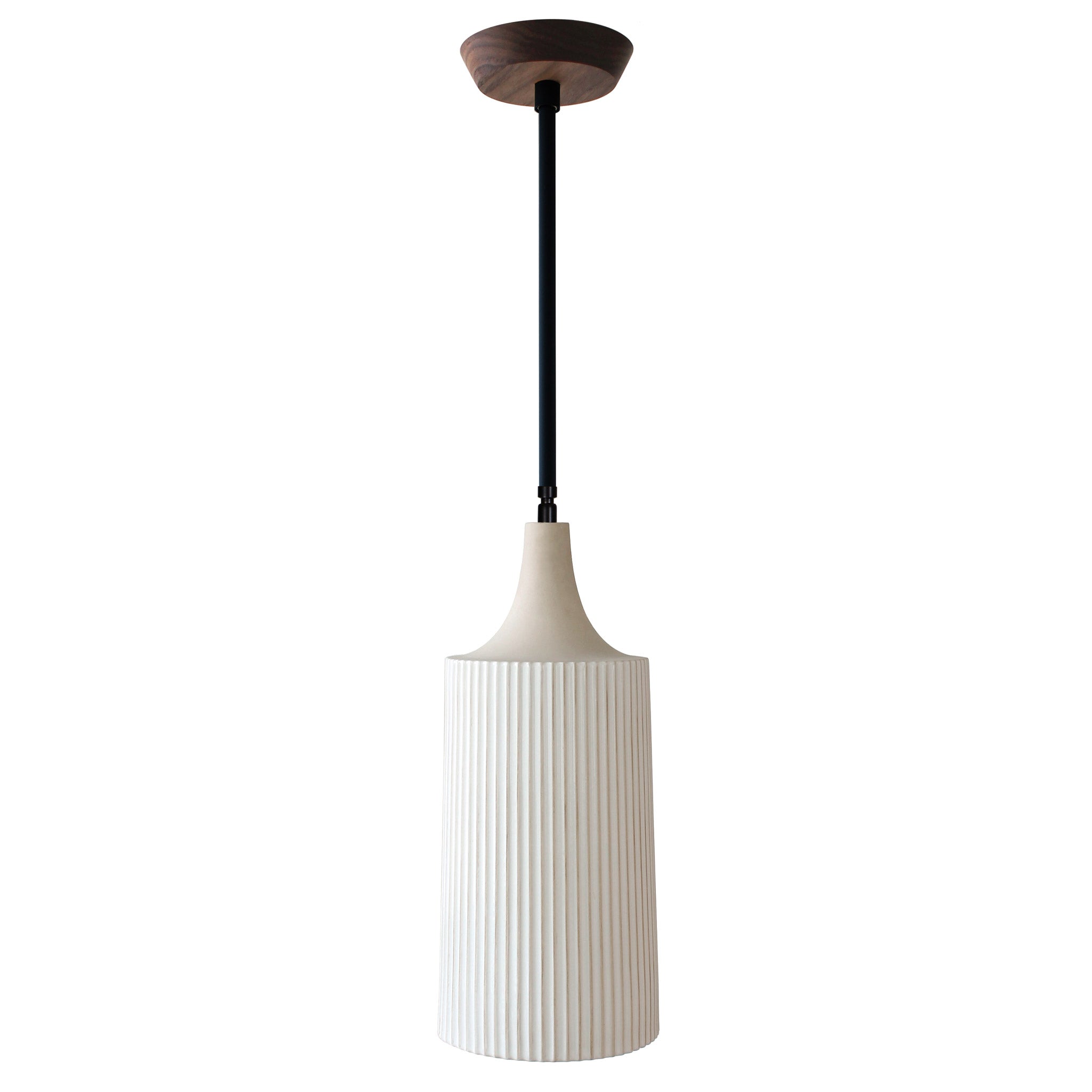 Tumwater Large Pendant shown in Matte Black with Walnut canopy